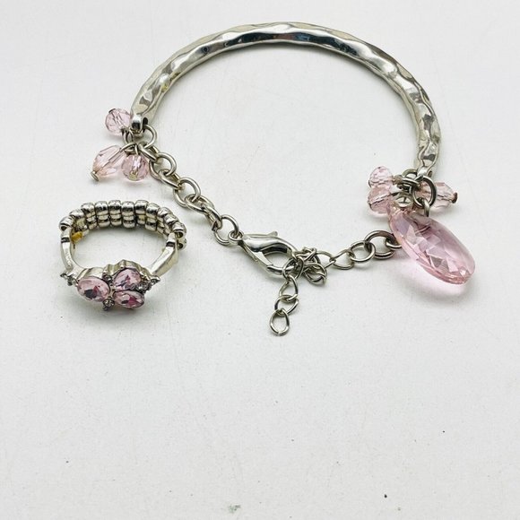 Pink Beaded Bracelet and Matching Ring Set Silver Tone Classic Career Cosplay - Picture 2 of 8